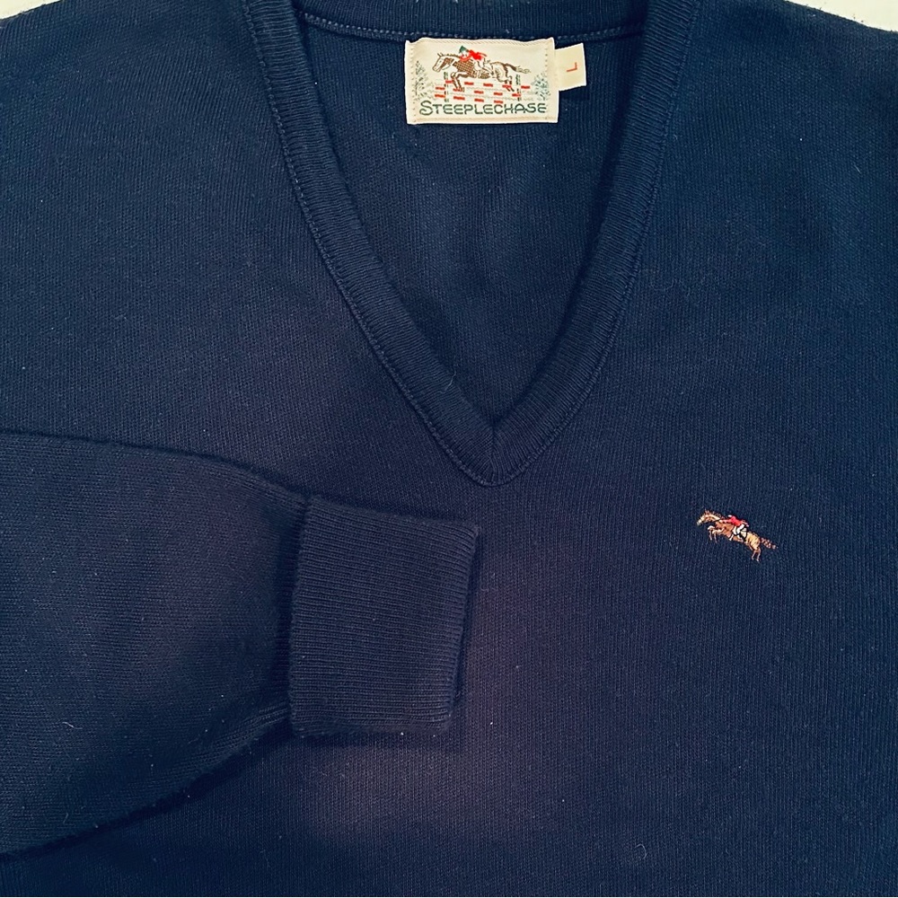 Steeplechase Vintage‎ 70s V-Neck Long Sleeve Sweater Men's Large Navy Derby Chic